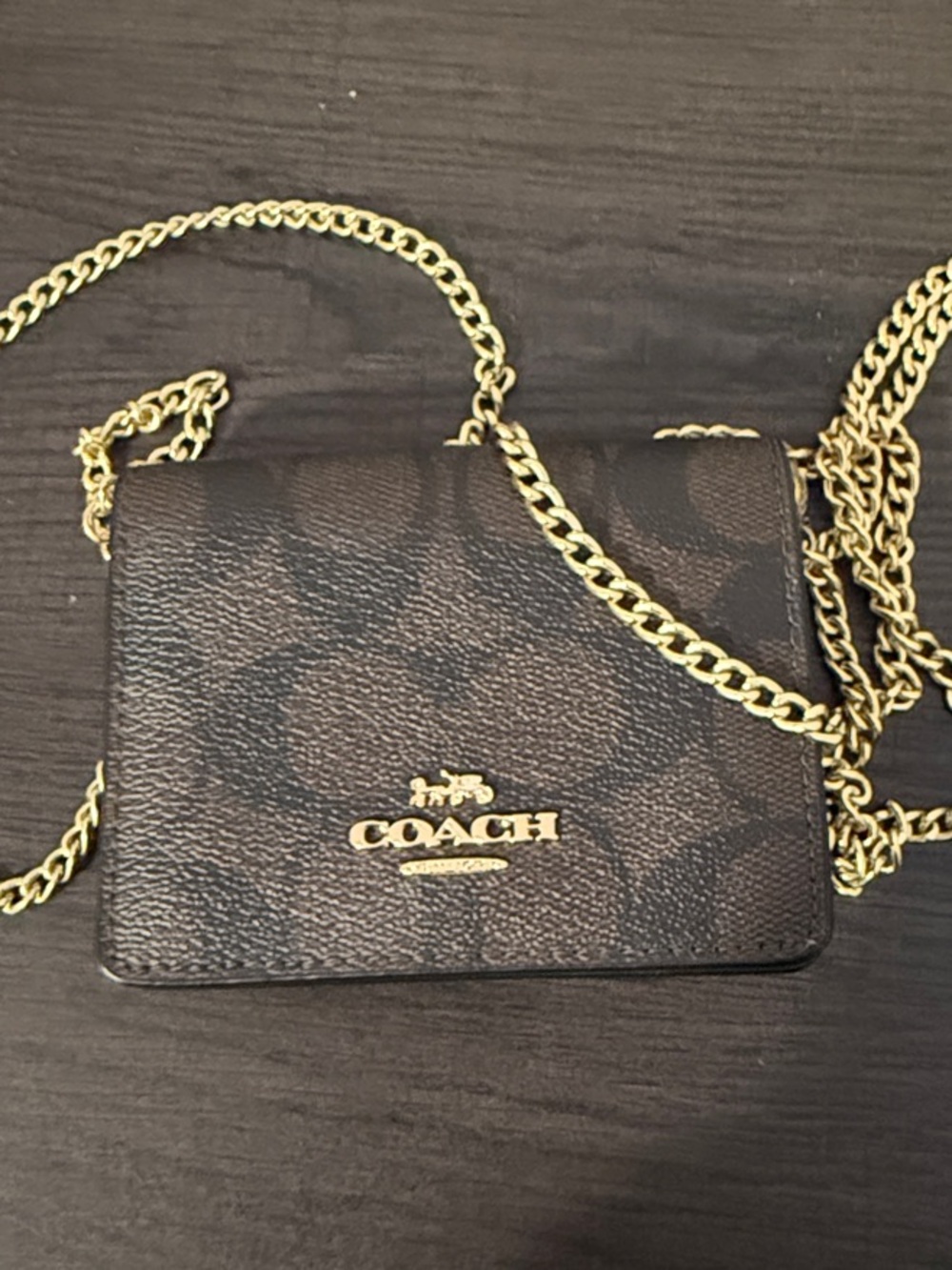 COACH Brown Signature Crossbody wallet with Gold Chain Strap